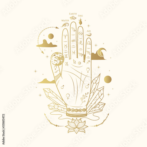 Golden hand with planets, clouds, palmistry diagram and signs of the four elements.  Hand drawn symbol  of prediction, fortune telling. Magic mystic vector illustration for esoteric and witchcraft.