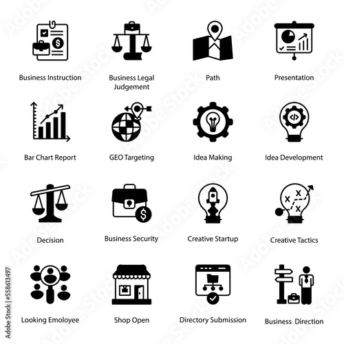 Creative Startup, Creative Tactics, Business Instruction, Business Legal Judgement, Path, Presentation, Decision, Business Security, Looking Employee, Shop Open, Glyph Icons - Solid, Vectors
