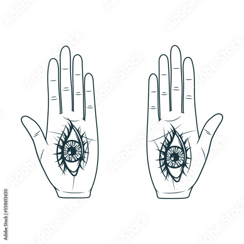 Two palmistry hands with all-seeing eye.  Hand drawn symbol  of prediction, fortune telling. Magic mystic vector illustration isolated on white background for esoteric, witchcraft and stickers.