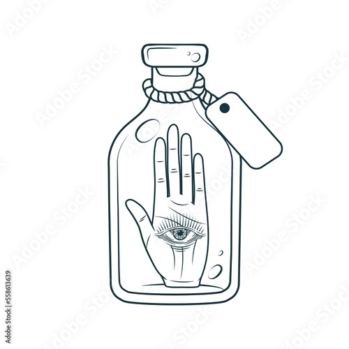 Palmistry hand with all-see eye in a magic vessel. Hand drawn symbol  of prediction, fortune telling. Magic mystic vector background for esoteric, witchcraft and stickers.
