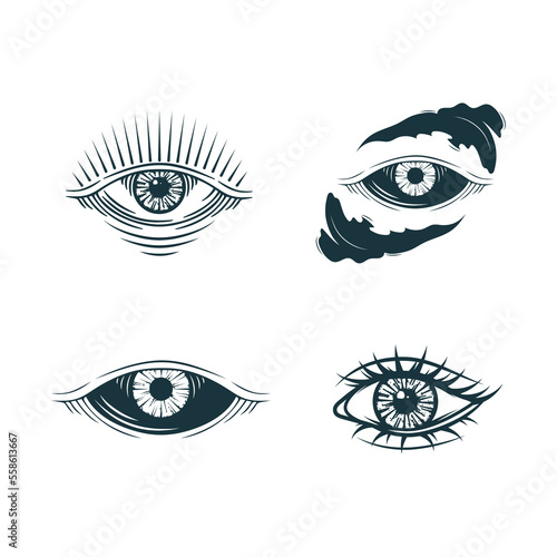 All-seeing eye  isolated  set. Hand drawn Eye of Providence symbols. Vector illustration for witchcraft, tattoo, stickers, esoteric and  magic shop.