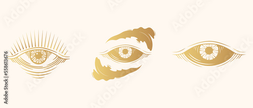 Three golden all-seeing eyes. Hand drawn Eye of Providence symbols isolated on white background. Vector illustration for for witchcraft, stickers, esoteric and  magic shop.