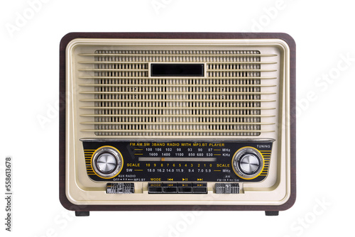 retro-style radio in a brown wooden case, isolated on a transparent background