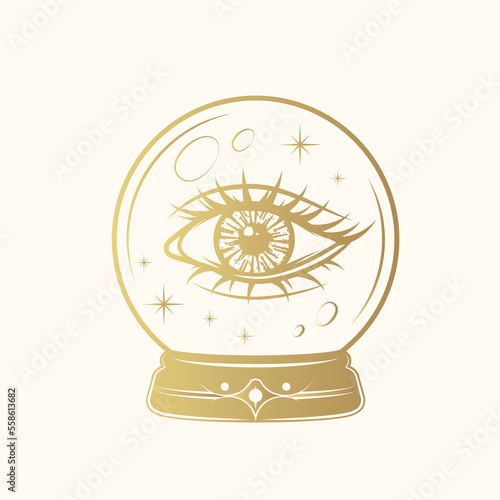 Golden all-seeing eye in a magic ball. Hand drawn Eye of Providence symbol isolated on white background. Vector illustration for witchcraft, stickers, esoteric and magic shop.