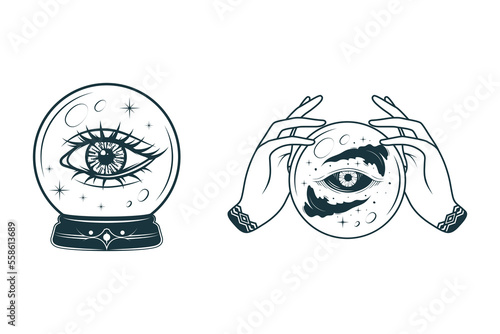 All-seeing eye in a magic ball and hands holding eye-providing eyes. Hand drawn vector illustration  for witchcraft, stickers, esoteric and  magic shop. photo