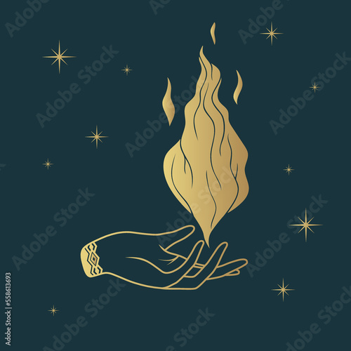 A hand holding a flame. Golden hand drawn vector illustration for witchcraft, esoteric and  magic shop.
