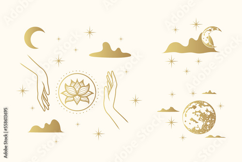 Golden celestial hands with mystical elements - moon, planets, clouds, stars and lotus. Hand drawn vector illustrations isolated on white background.
