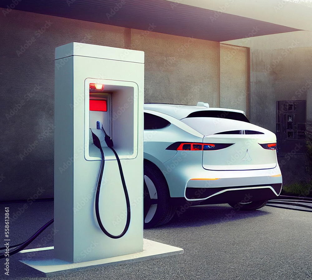 Electric car charges battery from special refueling.. Electric car charges battery from special refueling..