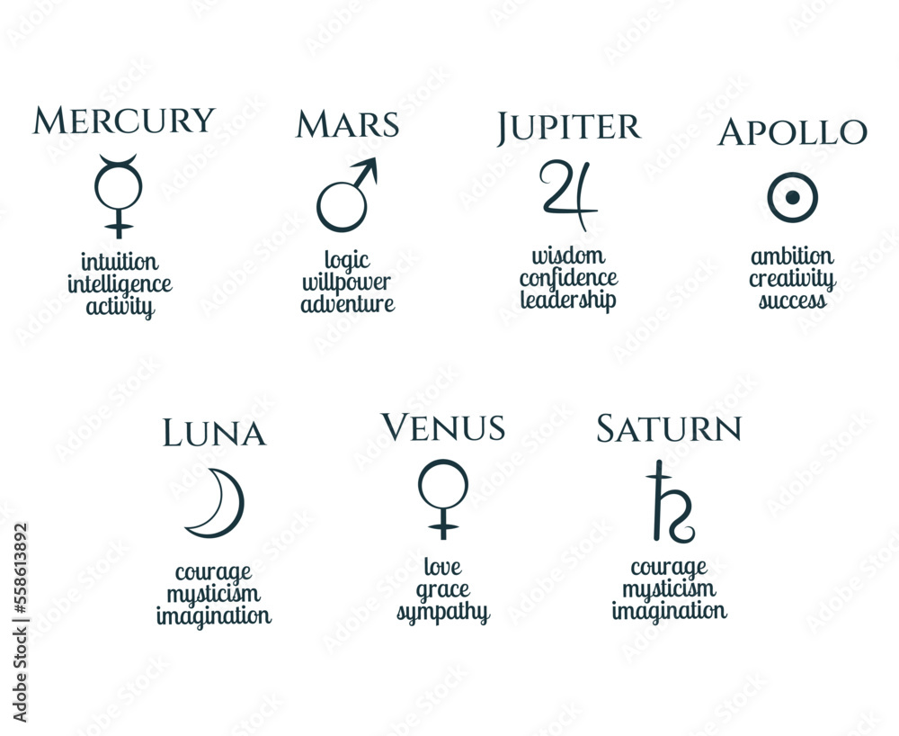symbols set. Astrological sign Mercury, Mars, Jupiter, Apollo, Luna,Venus, Saturn for
