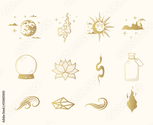 12 Golden  esoteric elements collection. Hand drawn isolated set of occult icons in boho style. Vector illustration for witchcraft, stickers and  magic shop.
