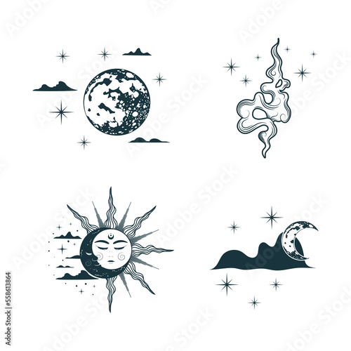 Celestial esoteric elements collection. Hand drawn isolated set of occult icons in boho style. Vector illustration for witchcraft, stickers, tattoo and  magic shop.