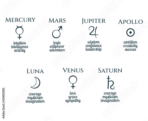 Planets symbols  set.  Astrological sign  Mercury, Mars, Jupiter, Apollo, Luna,Venus, Saturn for calendar, tattoo  and horoscope.Vector illustration isolated on white background. 