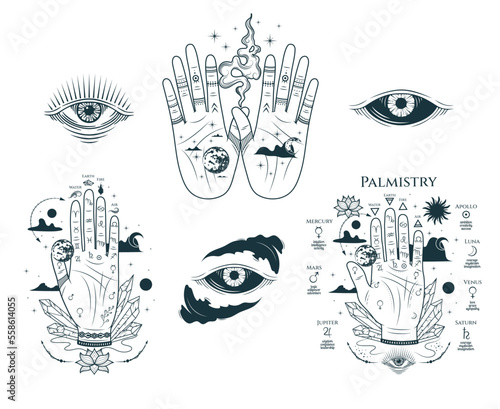 Palmistry hands with chiromantic lines, all-see eyes and esoteric elements.  Hand drawn symbol  of prediction, fortune telling. Magic mystic vector illustration isolated on white background.