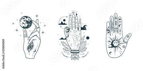 Set of three celestial palms with chiromantic lines and esoteric elements.  Hand drawn symbol  of prediction, fortune telling. Magic mystic vector illustration isolated on white background.