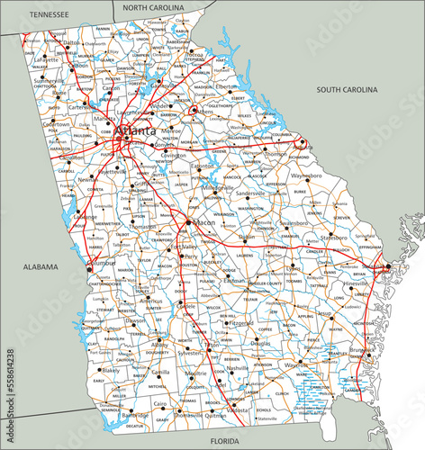 High detailed Georgia road map with labeling.