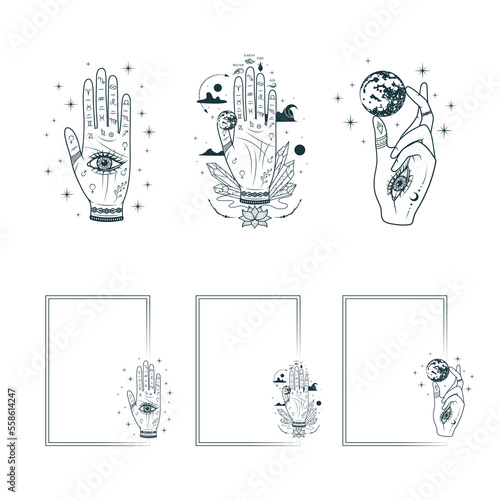 Celestial  palmistry hands and mystical rectangular frames set. Hand drawn vector illustration for witchcraft, magic shop, tattoo, greeting cards and invitations.