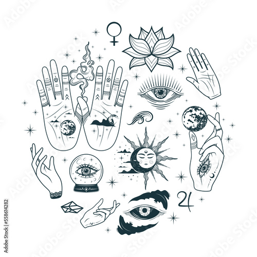 Palmistry Hands collection. Hand drawn isolated set of esoteric occult icons in boho style. Vector illustration for witchcraft, tattoo, stickers and  magic shop.