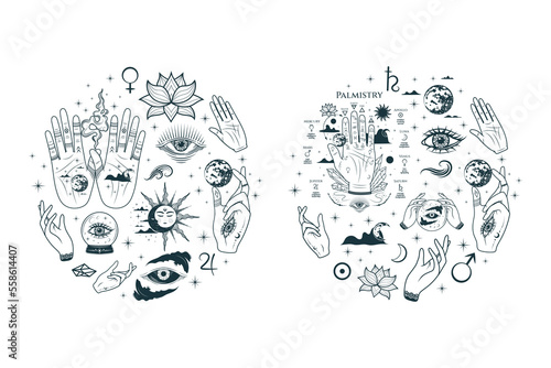 Palmistry hands and all-see eyes collection. Isolated set of two round illustration with esoteric symbols. Hand drawn vector images in boho style. Design for witchcraft, tattoo, stickers, magic shop