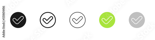 Ticks in circle set icon. Checkmark, reject, rejection, confirm, confirmation, answer option, accept, decline, agreement. Technology concept. Vector five icon in different style on white background