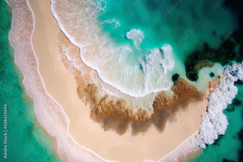 picture from above of bubbling water on a tropical beach. Generative AI
