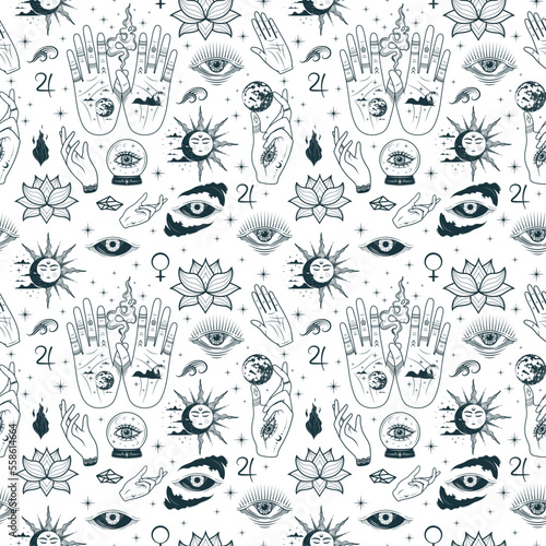 Mystical seamless pattern with palmistry hands, all-see eyes and other esoteric symbols. Hand drawn vector illustration for textile, background, texture, wrapping paper, witchcraft and magic shop