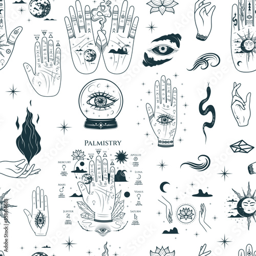 Palmistry hands, all-see eyes and other esoteric symbols. Hand drawn mystical seamless pattern. Vector illustration for textile, background, texture, wrapping paper, witchcraft and magic shop