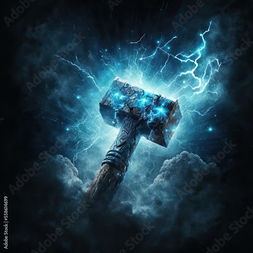 Papier peint Thor hammer with blue lightning