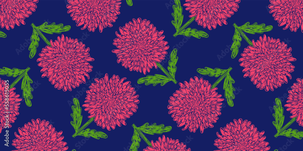 Chrysanthemum seamless pattern. Pink flowers. Hand drawn floral vector illustrations. Pen or marker sketch. Hand drawn natural pencil drawing