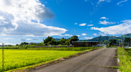 夏空を背景に田園風景「南阿蘇白川水源駅・ホタルの里」 Rural scenery against the summer sky "Minami Aso Shirakawa Suigen Station / Firefly Village" 日本(夏) Japan (summer) 九州・熊本県南阿蘇村 Minamiaso Village, Kumamoto Prefecture, 2022年(夏)