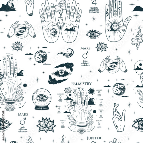 Mystical seamless pattern with palmistry hands, all-see eyes and other esoteric symbols. Hand drawn vector illustration for textile, background, texture, wrapping paper, witchcraft and magic shop