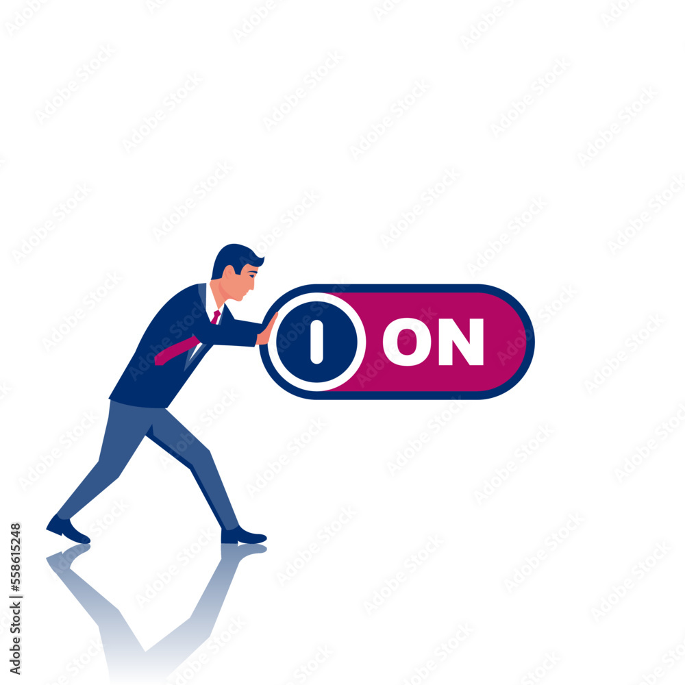 Businessman presses a button. Project start. Open progress. Turn on switch. A new beginning. Switch on or off. Vector illustration flat design. Isolated on background. Businessman presses a button. Project start. Open progress. Turn on switch. A new beginning. Switch on or off. Vector illustration flat design. Isolated on background.