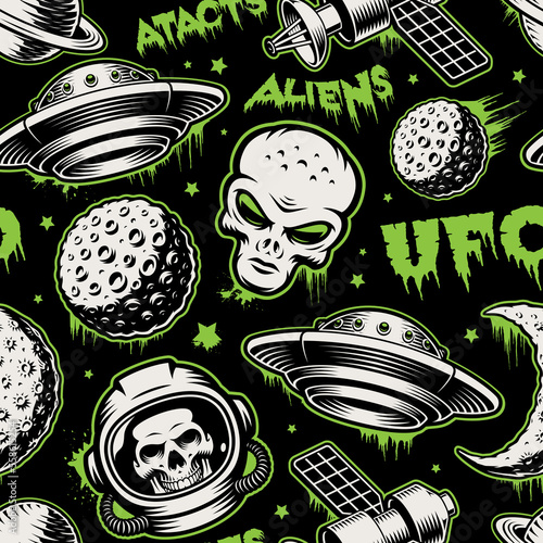 Vector UFO seamless pattern with design elements such as flying saucer, alien, planets, space satellite on a dark background 