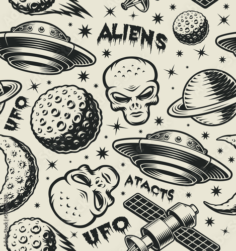 Black and white vector UFO seamless background with design elements such as flying saucer, alien, planet, space satellite