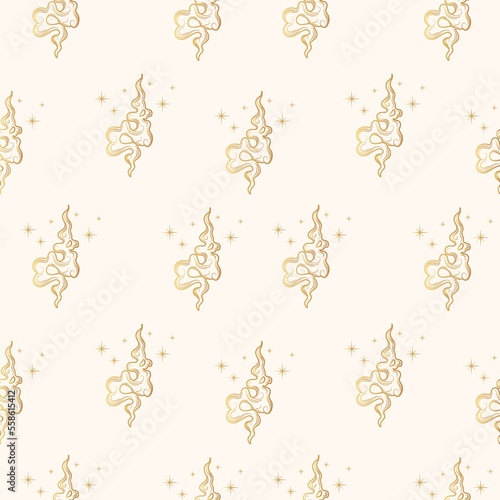 Fire and  stars seamless pattern in golden color. Contemporary vector illustration in boho style for background and wall decor. Trendy texture for print, wrapping and textile.