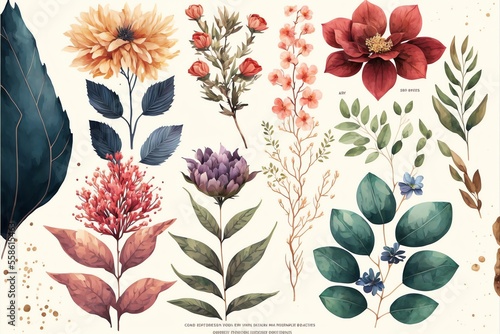 Fototapeta Naklejka Na Ścianę i Meble -  Bouquet of flowers, A group of vivid flowers. Beautiful flower elements. Watercolor illustration