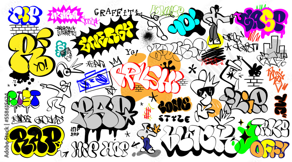 
rap graffiti lettering  doodles vector background ,isolated design element