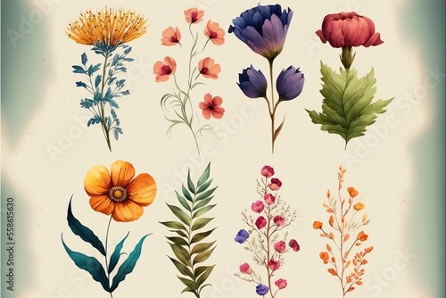 Bouquet of flowers  A group of vivid flowers. Beautiful flower elements. Watercolor illustration