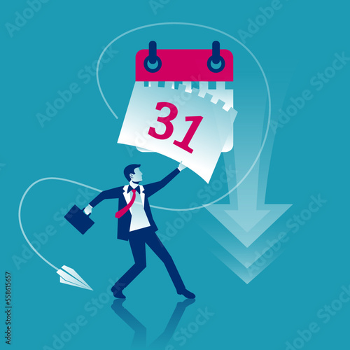 Tear off calendar sheet. End of month. Off date. Businessman hand closes the last sheet of the calendar. Deadline concept. Template page. Vector illustration flat design. 31 page.