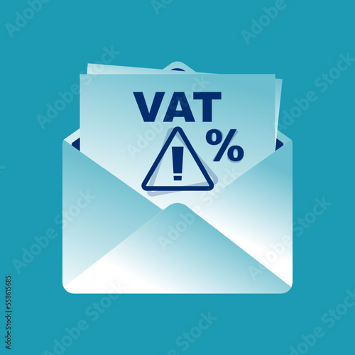 VAT payment landing page. Vat receipt in envelope. Data analysis, paperwork, financial research, report. Calculation tax government, state. Flat design vector illustration