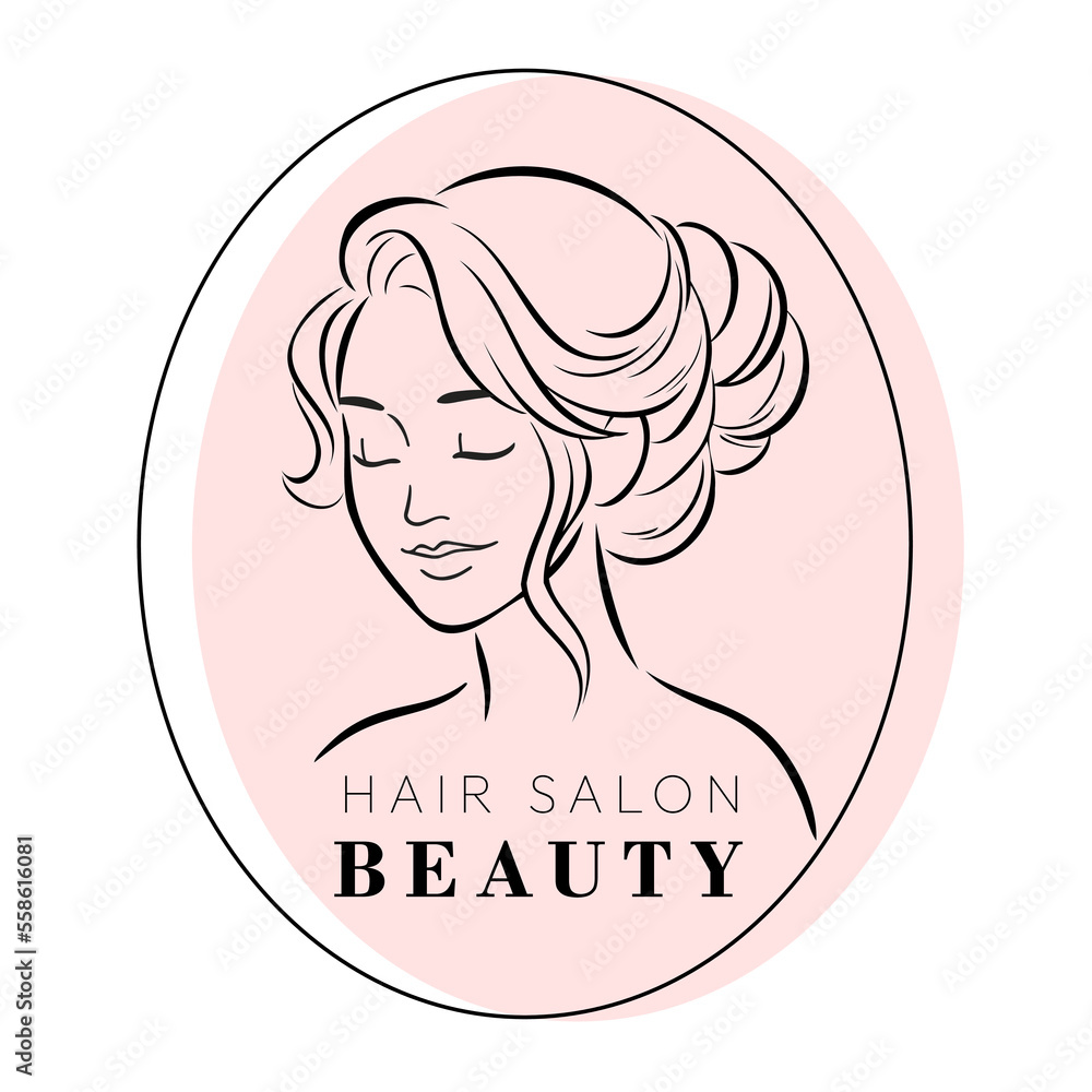 Logo for business in the beauty, health, personal care industry. Hand-drawn calm woman's face with closed eyes. Linear stylized vector illustration in an oval frame. Logo for business in the beauty, health, personal care industry. Hand-drawn calm woman's face with closed eyes. Linear stylized vector illustration in an oval frame.
