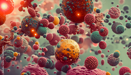 The abstract painting depicts bacteria under the microscope, showcasing the microcosmic world in a way that is both intriguing and aesthetically pleasing. Generative AI