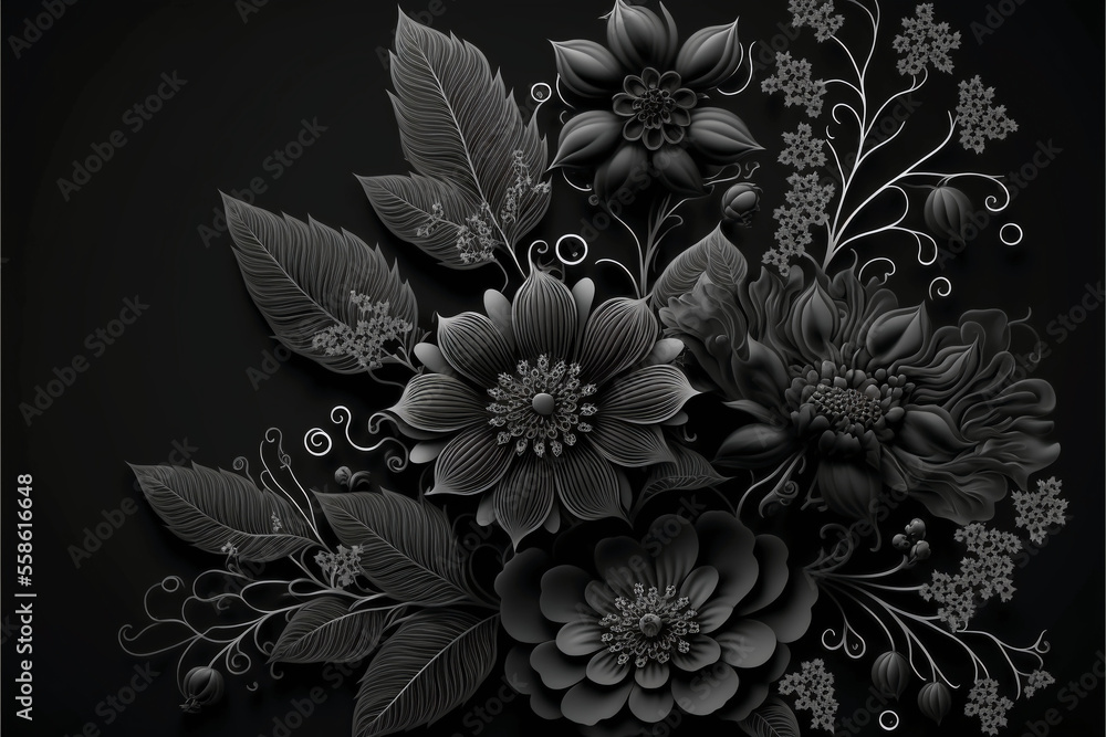 Flowers background, black color. Generative AI. Flowers background, black color. Generative AI.