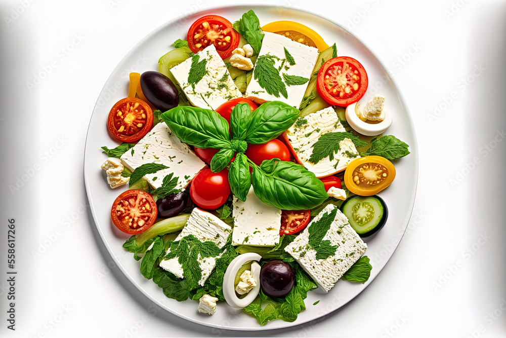 Salad with fresh veggies and cheese, isolated on a white backdrop. Grecian salad by using a clipping path. Generative AI Salad with fresh veggies and cheese, isolated on a white backdrop. Grecian salad by using a clipping path. Generative AI