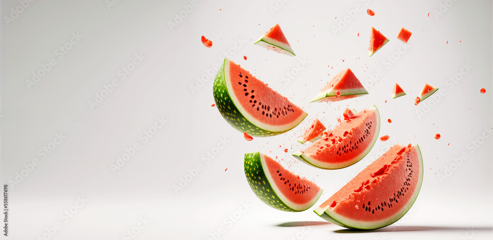 Fresh slices of watermelon flying on a plain background with exploding juice splash. Generative ai