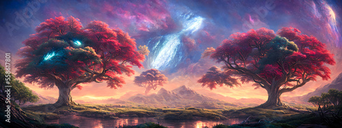 Abstract depiction of trees against a backdrop of a galactic sky, with an ethereal and otherworldly quality. Generative AI