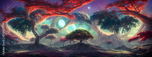 Abstract depiction of trees against a backdrop of a galactic sky  with an ethereal and otherworldly quality. Generative AI