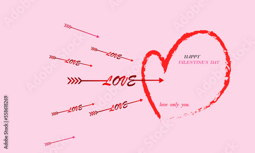 A vector red heart-shaped background image with an arrow in the word love embroidered in the center on a light pink background.