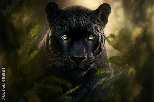 Black jaguar or panther, dangerous animal in the Amazon jungle. Generative AI.