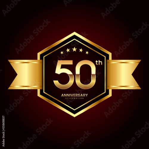 Logo design with emblem style for 50th anniversary celebration event. Logo Vector Illustration