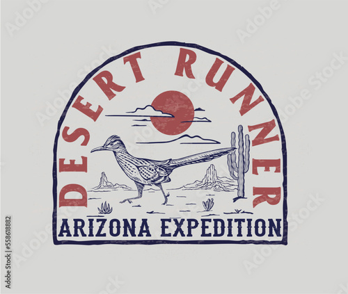 road runner bird illustration, western desert illustration with typography, cactus desert landscape vector